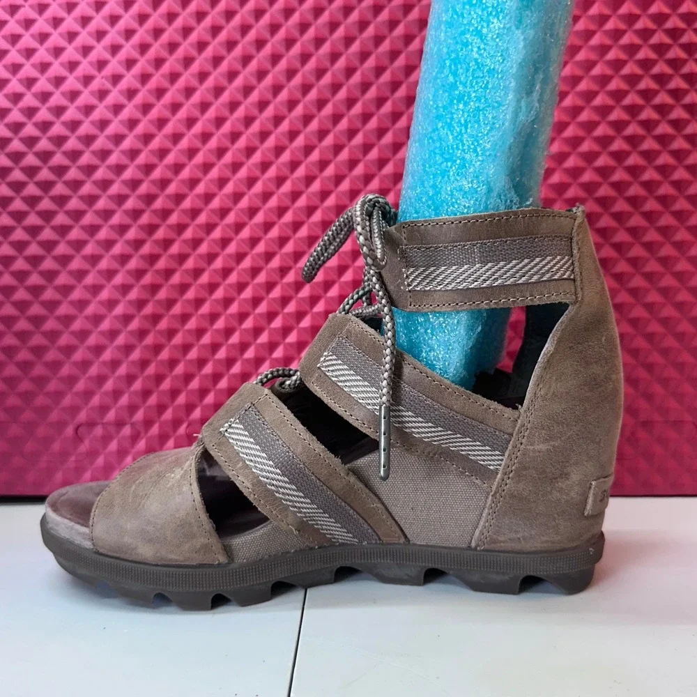 Boho Sorel Joanie II Lace Wedge Sandals Brown Leather Women Size 8 - Picture 3 of 11